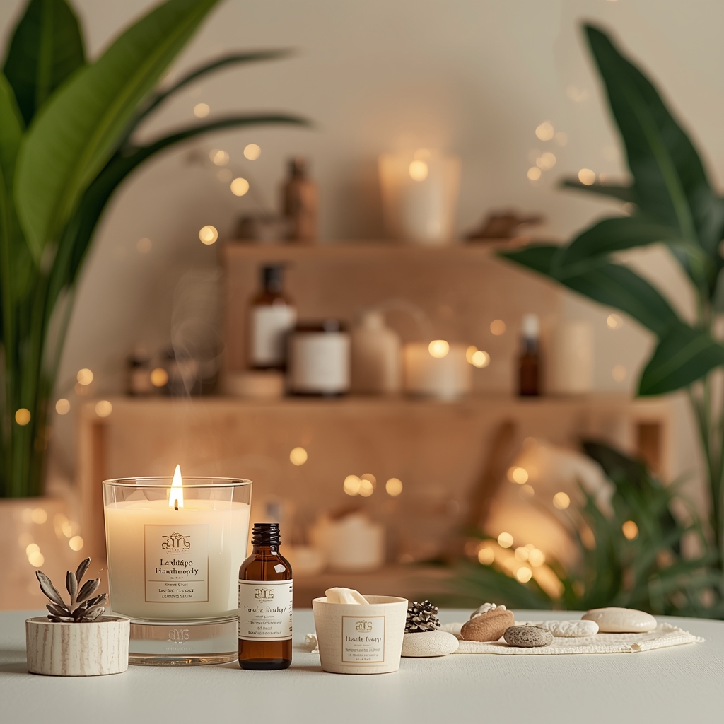 Hands arranging custom aroma candles and packaging on a workbench